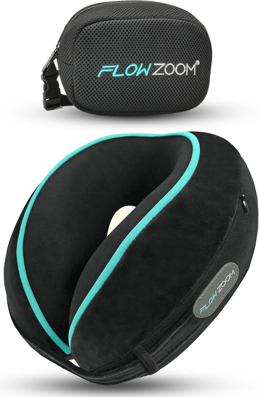 FLOWZOOM Dream Memory Foam Travel Neck Pillow - Airplane & Car Pillow, Adjustable with Raised Sides for Extra Support, Velvety Washable Lining and Mesh Bag - Black