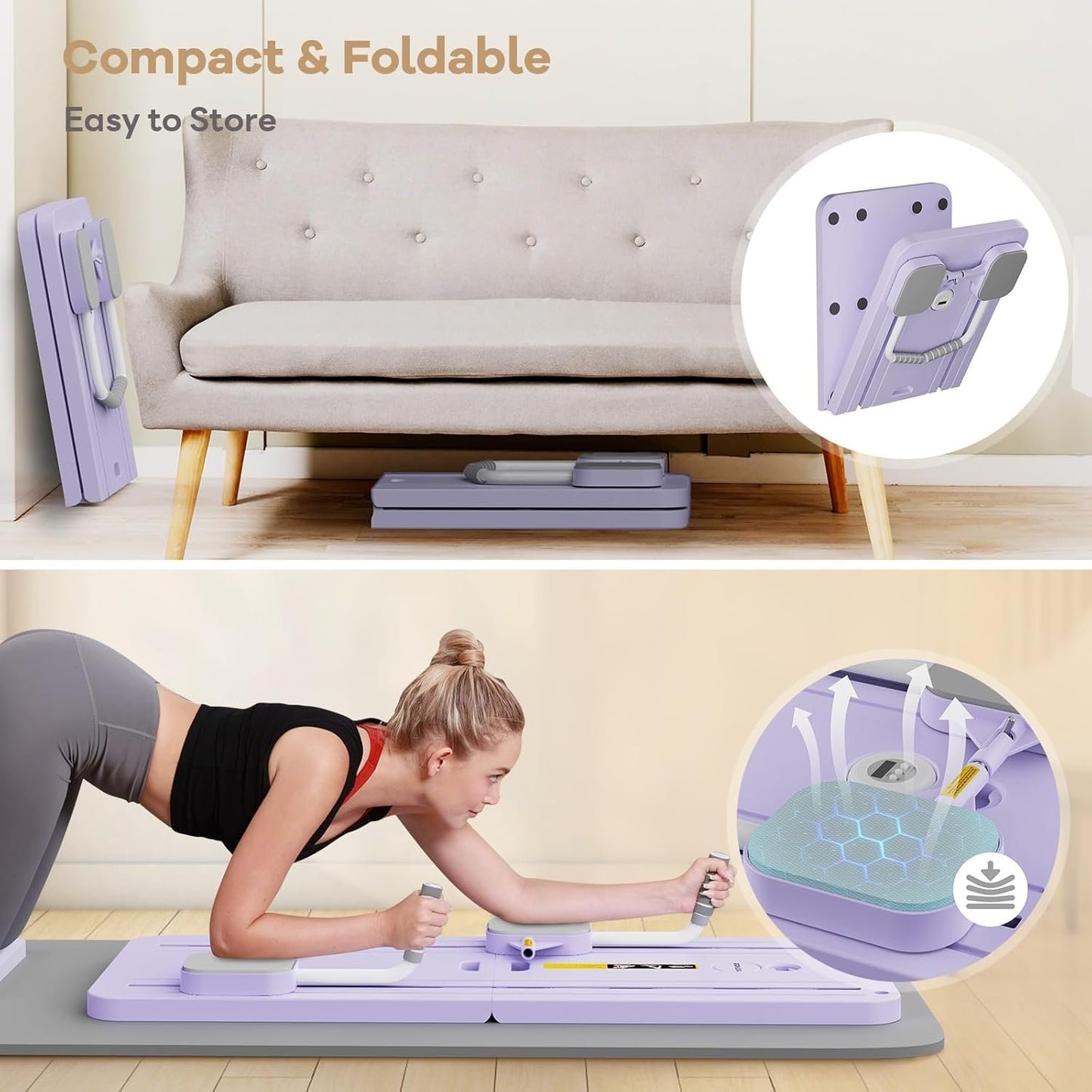 Foldable Pilates Reformer Ab Machine with Automatic Rebound Function for Home Gym - Core & Abdominal Strength Training Equipment with Knee Pad - Ab Core Trainer, Push-Up Board