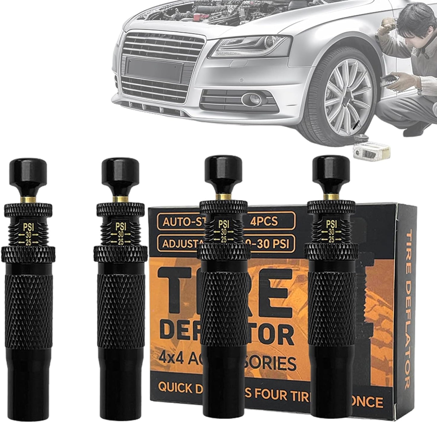 4 Rapid Tire Deflator Set with Valve, Portable Car Truck Adventure Gear for Motorcycle, Bike Maintenance, Outdoor Camping, Beach Trips, Garage, Home, Vehicle Travel Use