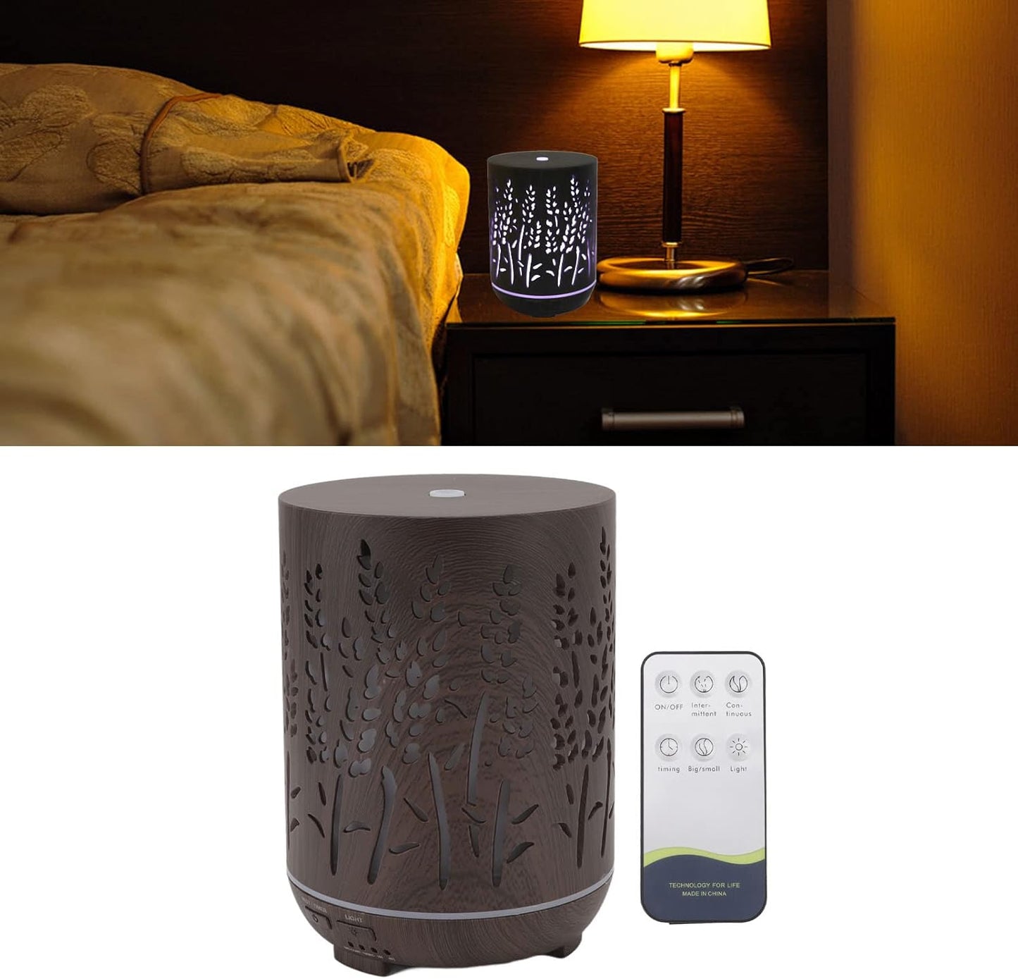 UHCPVHQQQ Aroma Air Humidifier, Automatic Power Off Ambience Night Light Remote Control Portable 300ml Wood Grain Air Humidifier for Living Rooms