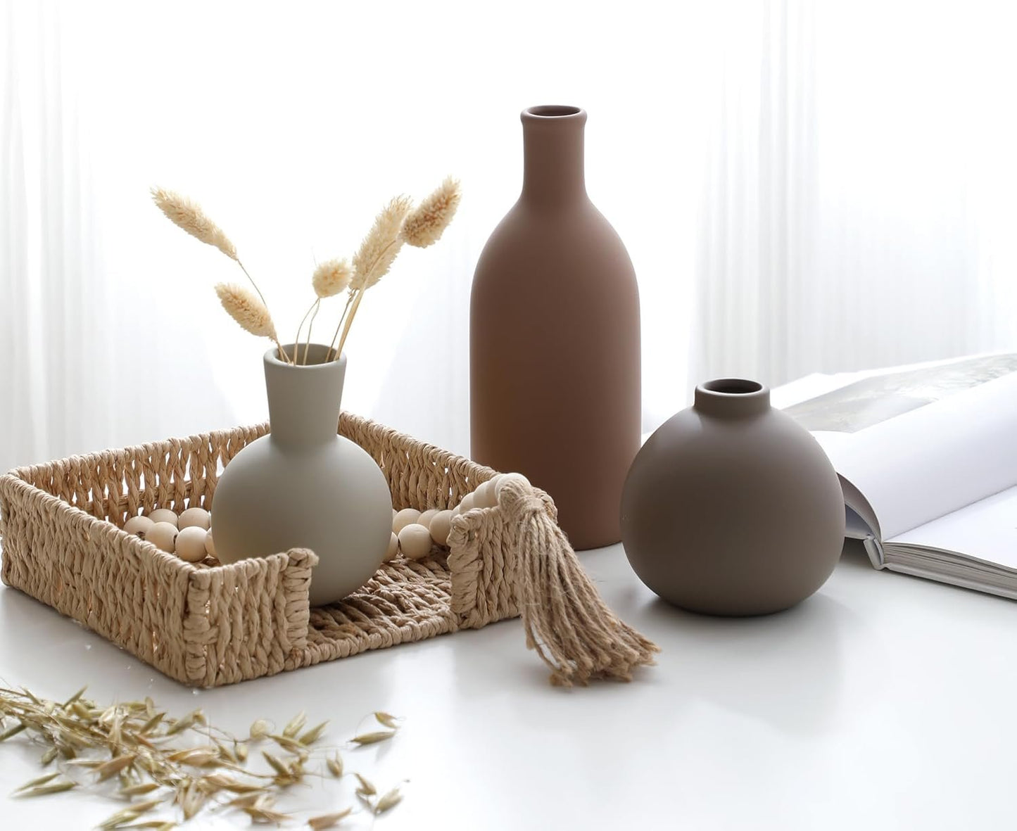 Ceramic Vase Set of 3, Vases Home Decor Rustic Vase Farmhouse Decor Vase Terra Cotta Pottery Vases for Bouquet Pampas Grass Dried Fresh Flowers, Living Room, Kitchen, Bedroom, Bathroom - Brown