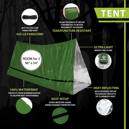 SET007 4PCS Survival Mylar Kit, 2 Person Mylar Emergency Shelter Tube Tent with Paracord, Thermal Mylar Poncho, Survival Blanket, Emergency Bivy, Military Grade Supplies for Hiking Camping, Green
