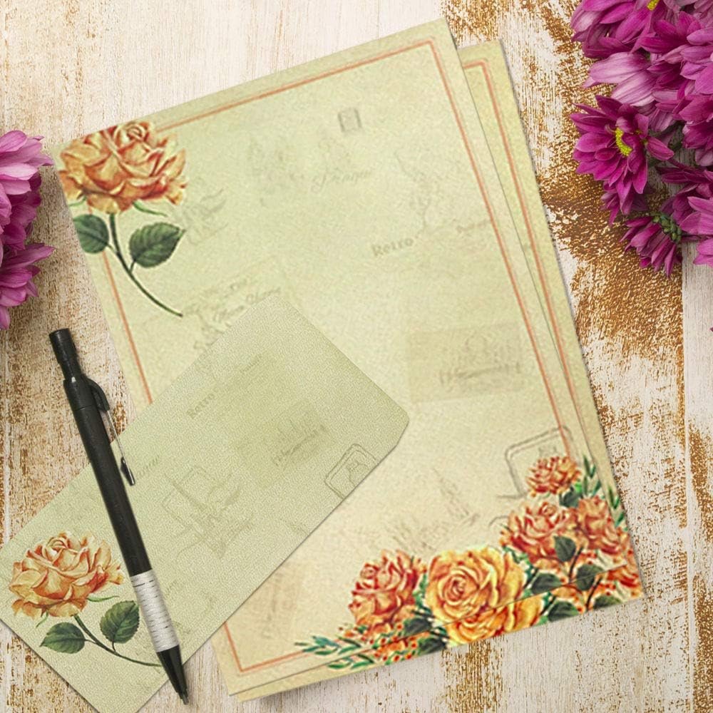 Stationary Paper and Envelopes Set, 8.5 x 11 Inch Stationery Set Vintage Floral Letter Writing Paper, 48 Sheets Writing Paper with 24 Envelopes