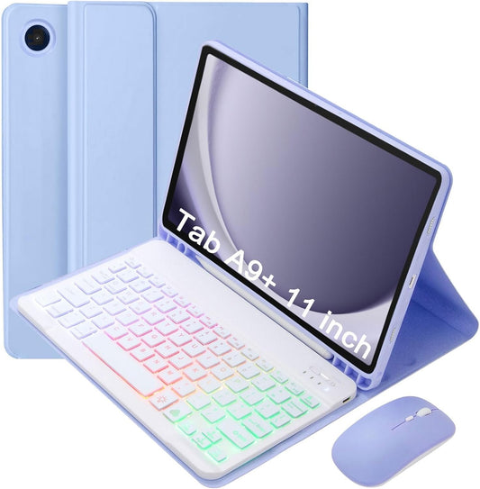 VLEAQC Keyboard Case for Samsung Galaxy Tab A9+/A9 Plus 11 Inch 2023 (SM-X210/X216/X218), Detachable Color Backlit Bluetooth Keyboard and Mouse, Slim Lightweight Stand Cover with Pen Holder,Purple