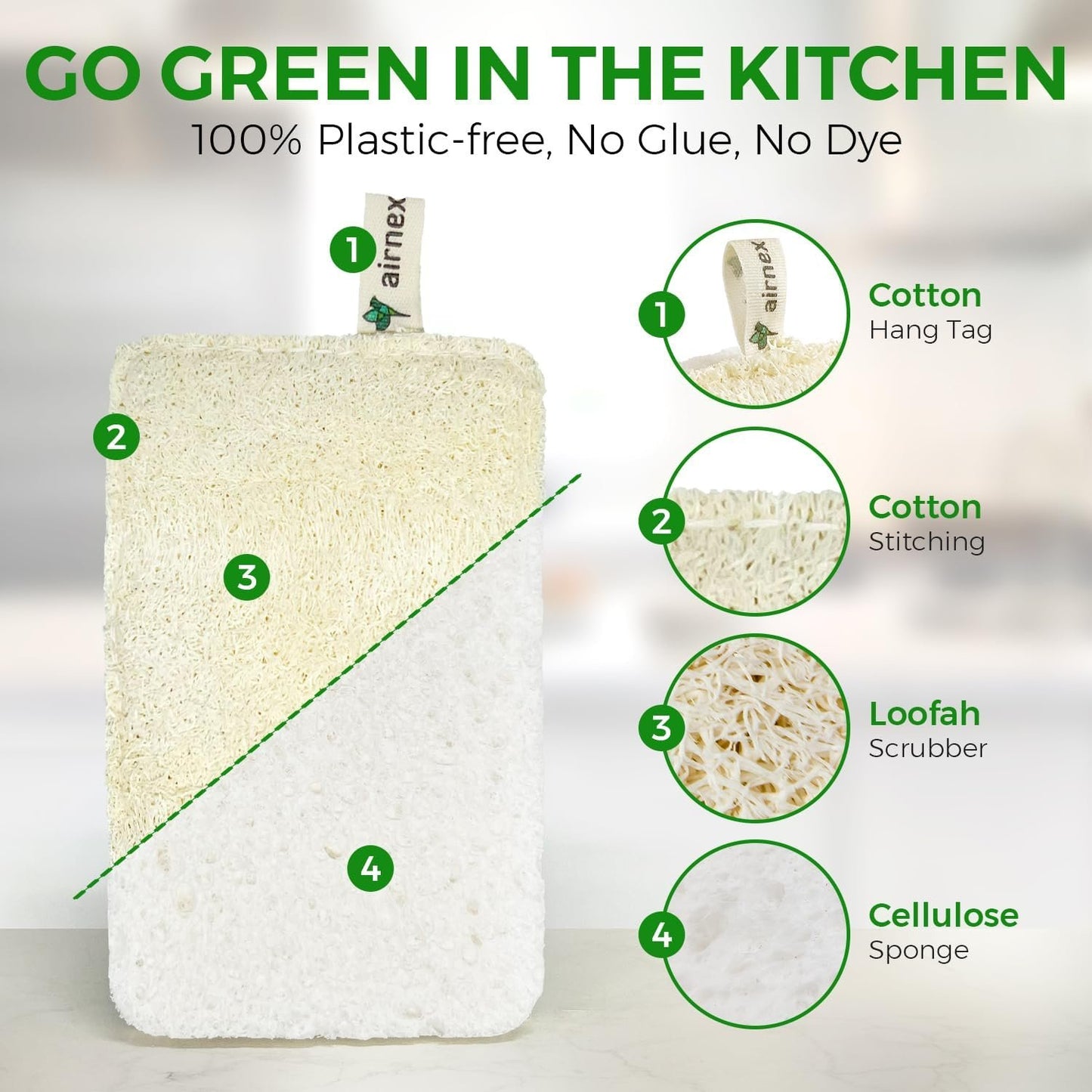 Natural Loofah Sponges for Dishes - Compostable Loofah and Cellulose Kitchen Sponges Pack of 6 - Plastic Free Loofah Dish Sponges Kitchen with Cotton Hanging Loop