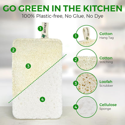 Natural Loofah Sponges for Dishes - Compostable Loofah and Cellulose Kitchen Sponges Pack of 6 - Plastic Free Loofah Dish Sponges Kitchen with Cotton Hanging Loop