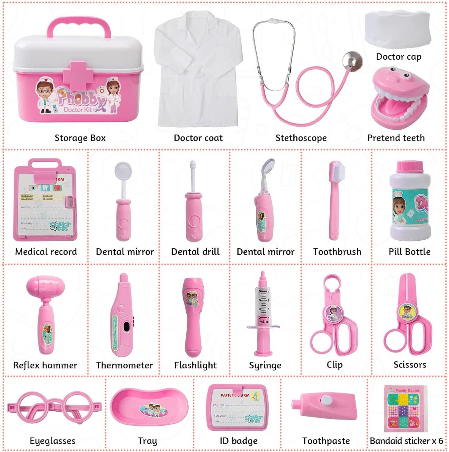 Phobby Durable Doctor Kit for Kids, 27 Pcs Deluxe Pretend Play Medical Kit Toy with Real Stethoscope, Doctor Kit for Toddlers Boys Girls Aged 3 4 5 6 7 8(Pink)