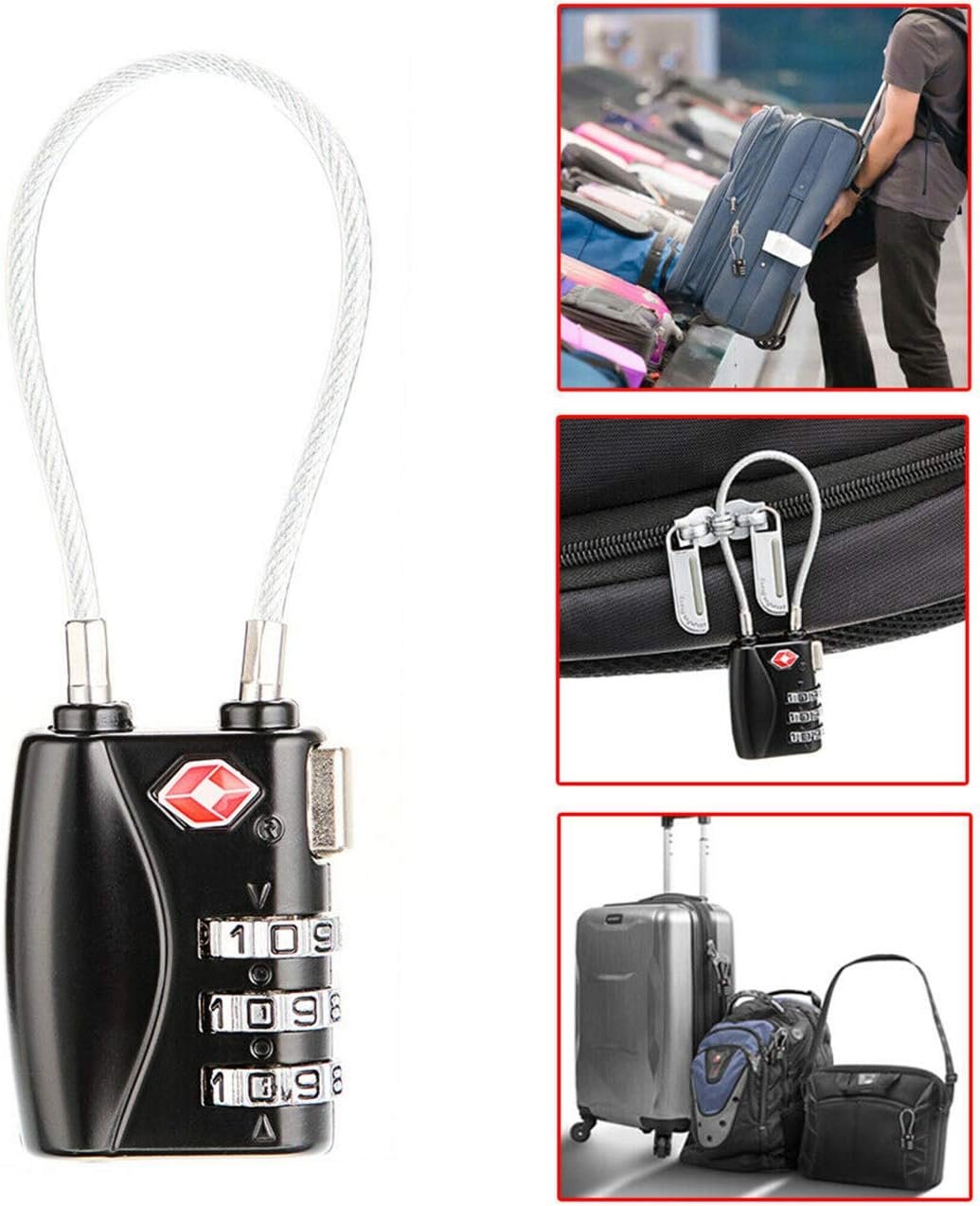 Luggage Locks, TSA Accepted 3 Digit Luggage Cable Locks with Alloy Body, Set Your Own Combination for Travel,Black