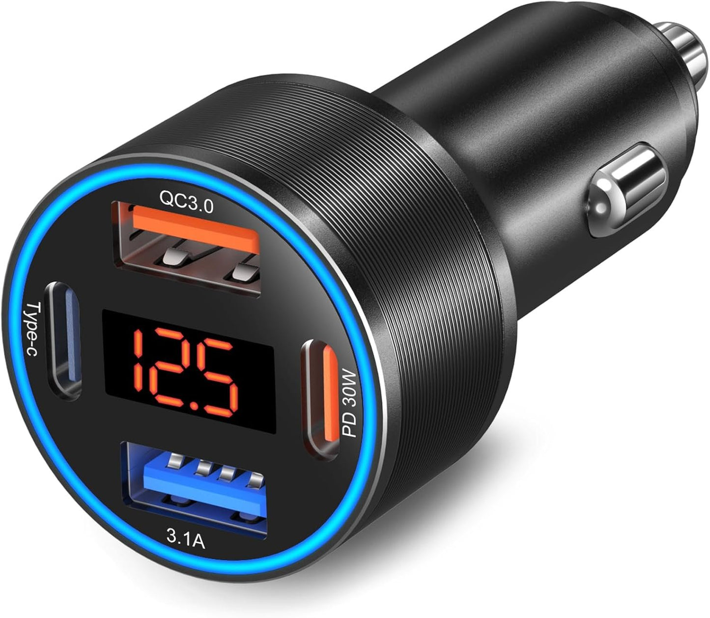 USB C Car Charger, 65W 4-Fast Port Dual 12V USB-C & USB-A Car Adapter QC+PD 3.0 Fast Charging Cigarette Lighter with Voltmeter for iPhone 16e 15 14 13 12 Pro Max, Galaxy, Google Android Phone(Black)