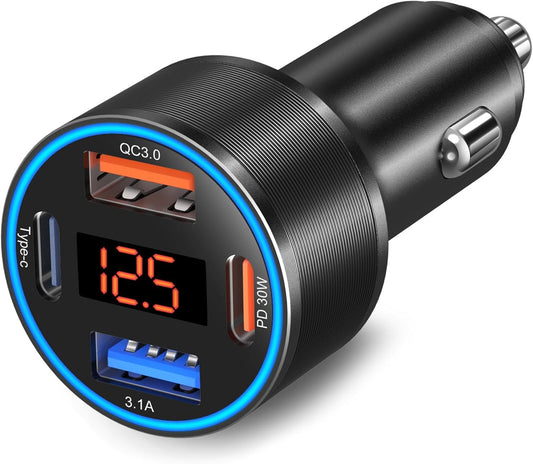 USB C Car Charger, 65W 4-Fast Port Dual 12V USB-C & USB-A Car Adapter QC+PD 3.0 Fast Charging Cigarette Lighter with Voltmeter for iPhone 16e 15 14 13 12 Pro Max, Galaxy, Google Android Phone(Black)