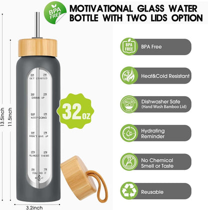 SipZest 32 oz Glass Water Bottle with Straw - Motivational Time Marker & Silicone Sleeve - Reusable Tumbler Includes 2 Bamboo Lids & Fruit Infuser - 1 Pack