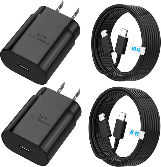 Android Charger 25 Watt Super Fast Charging for Samsung Phone USB C Block Type C Charger Cable Cord [ 6ft+10ft ] for Galaxy S25/ S24 Ultra/ S24 Plus/ S23/S22/S21/Z Fold 3/4/5/ iPhone 16/15-2Pack