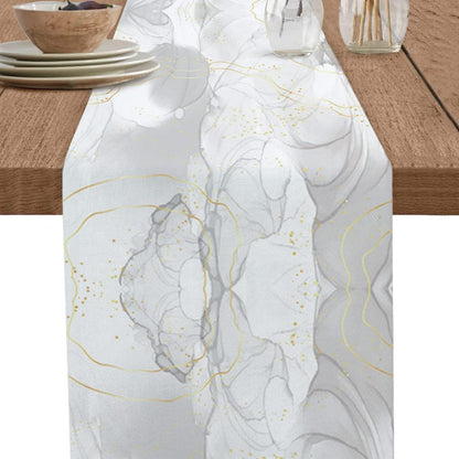 Natural White Grey Marble Stone Table Runners,Linen Cotton Table Runner Dresser Scarves Abstract Agate Gold Stripe Tabletop Scarf for Dining Room Kitchen Holiday Party (White Grey, 33CM*183CM)