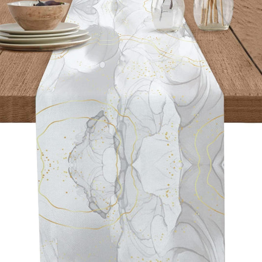 Natural White Grey Marble Stone Table Runners,Linen Cotton Table Runner Dresser Scarves Abstract Agate Gold Stripe Tabletop Scarf for Dining Room Kitchen Holiday Party (White Grey, 33CM*183CM)
