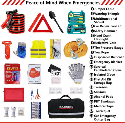 Car Roadside Emergency Assistance Kit with Jumper Cable,Auto Travel Safety Tool Bag for Men Women Teen Girl, Truck Automotive Vehicle Off Road Side Automobile Kit with Car Repair Tool First Aid Kit