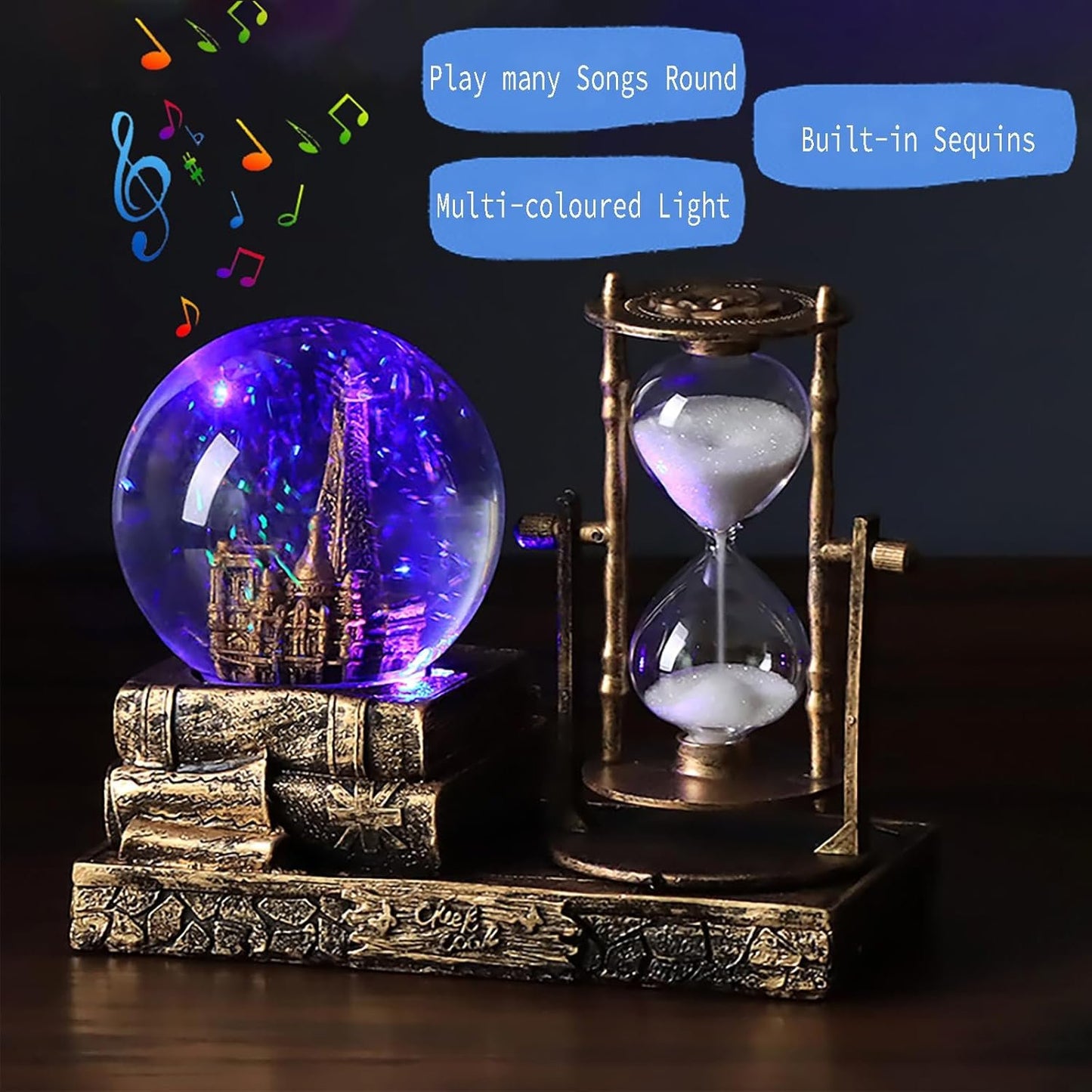 IDORTYBB LED Music Crystal Snow Globe with Hourglass Timer Home Decoration for Living Room Bedroom Book Shelf TV Cabinet Desktop Decor Statue Figurine Table Centerpieces Ornaments (Brass)