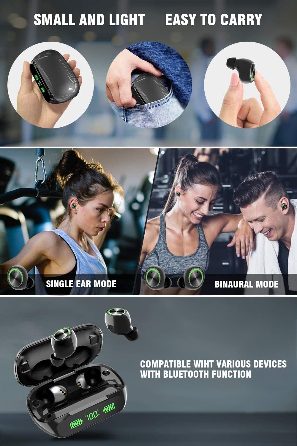 YIPUT Wireless Earbuds Bluetooth 5.3 Headphones 200 Hours Playtime with 2000mAh charg Case,in Ear Headest IP7Waterproof Noise Cancelling Built-in Mic,Big Bass LCD Display,for Sports/Working/Study