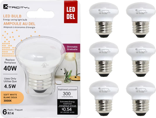 Xtricity R14 Dimmable LED Light Bulbs, E26 Base, 4.5W (40 Watt Equivalent), 3000k Soft White, 300 Lumens – Curio Cabinet Lighting, China Cabinet Lights - Mini Light Bulbs, RoHS Compliant (6 Pack)