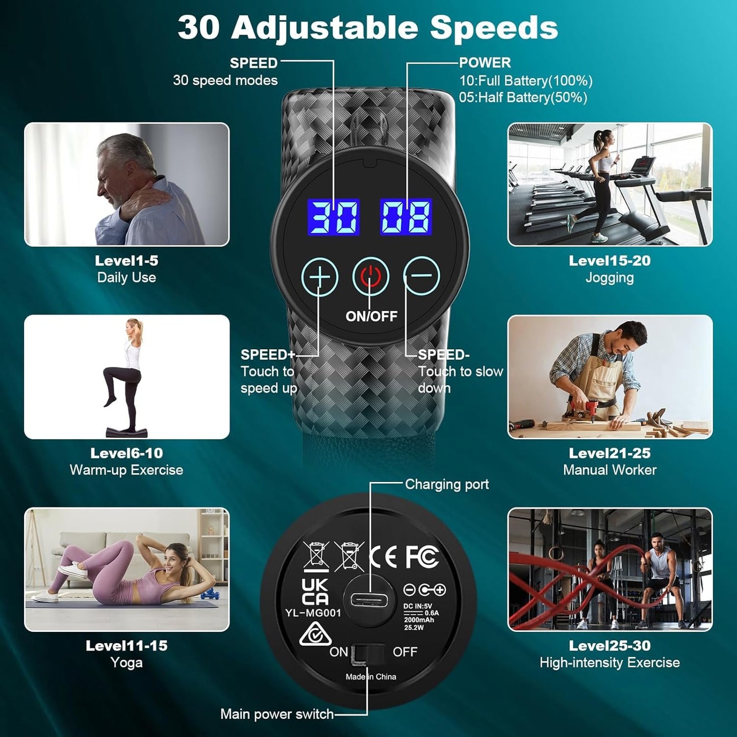 Massage Gun Powerful Portable Sports Massage Gun with 30 Speeds 8 Massage Heads, High Speed Quiet Motor Massage Gun, LCD Screen, Carry Case, Gift for Men Women