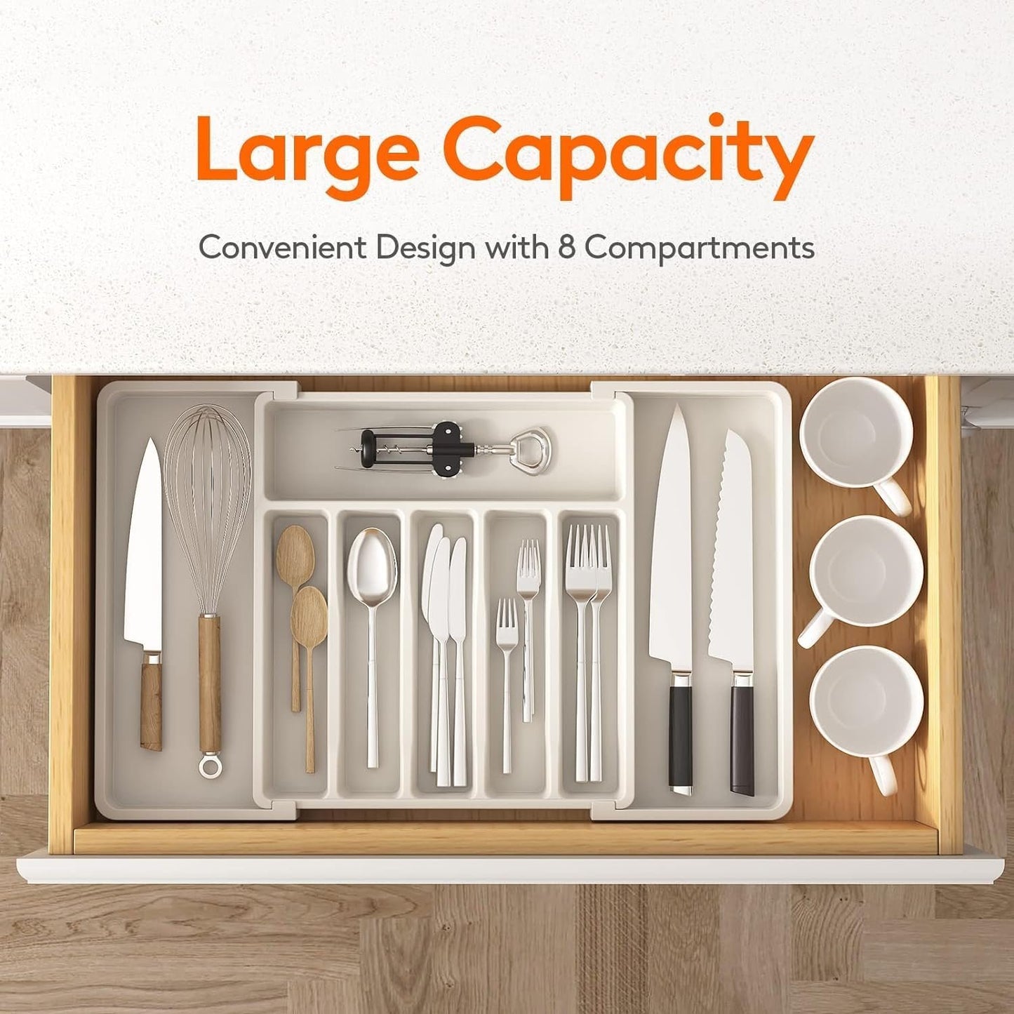 POLCANUR Cutlery Drawer Organizer, Expandable Utensil Tray for Kitchen, BPA Free Flatware and Silverware Holder, Adjustable Plastic Storage for Spoons Forks Knives,Organizers and Storage,Large-White