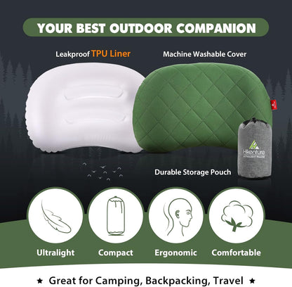 HIKENTURE Camping Pillow-Ultralight Inflatable Pillow with Removable Cover-Comfortable Ergonomic Blow Up Pillow - Compressible Beach Pillow-Air Travel Pillow for Neck & Lumbar Support(Green)