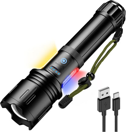 ASORT Rechargeable Flashlight - High Lumens Led Tactical Flashlight with Dual COB Lights, Zoom, 10 Modes, IP67 Waterproof, Perfect for Camping, Emergencies, and Dog Walking