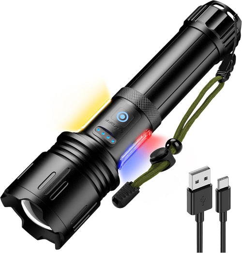 ASORT Rechargeable Flashlight - High Lumens Led Tactical Flashlight with Dual COB Lights, Zoom, 10 Modes, IP67 Waterproof, Perfect for Camping, Emergencies, and Dog Walking