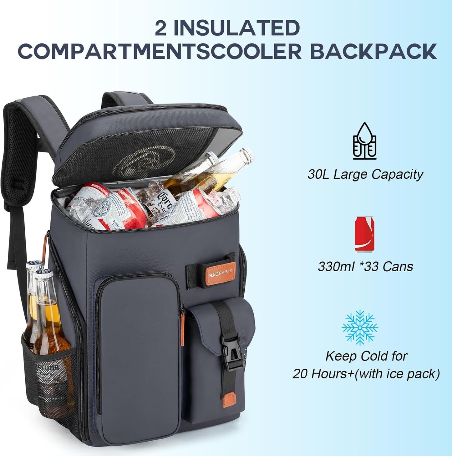 BAGPARKK Insulated Cooler Backpack,33 Cans Multifunctional Double Deck Leakproof Cooler Bag with Sternum Strap,Large Capacity Lightweight Travel Camping Beach Backpack