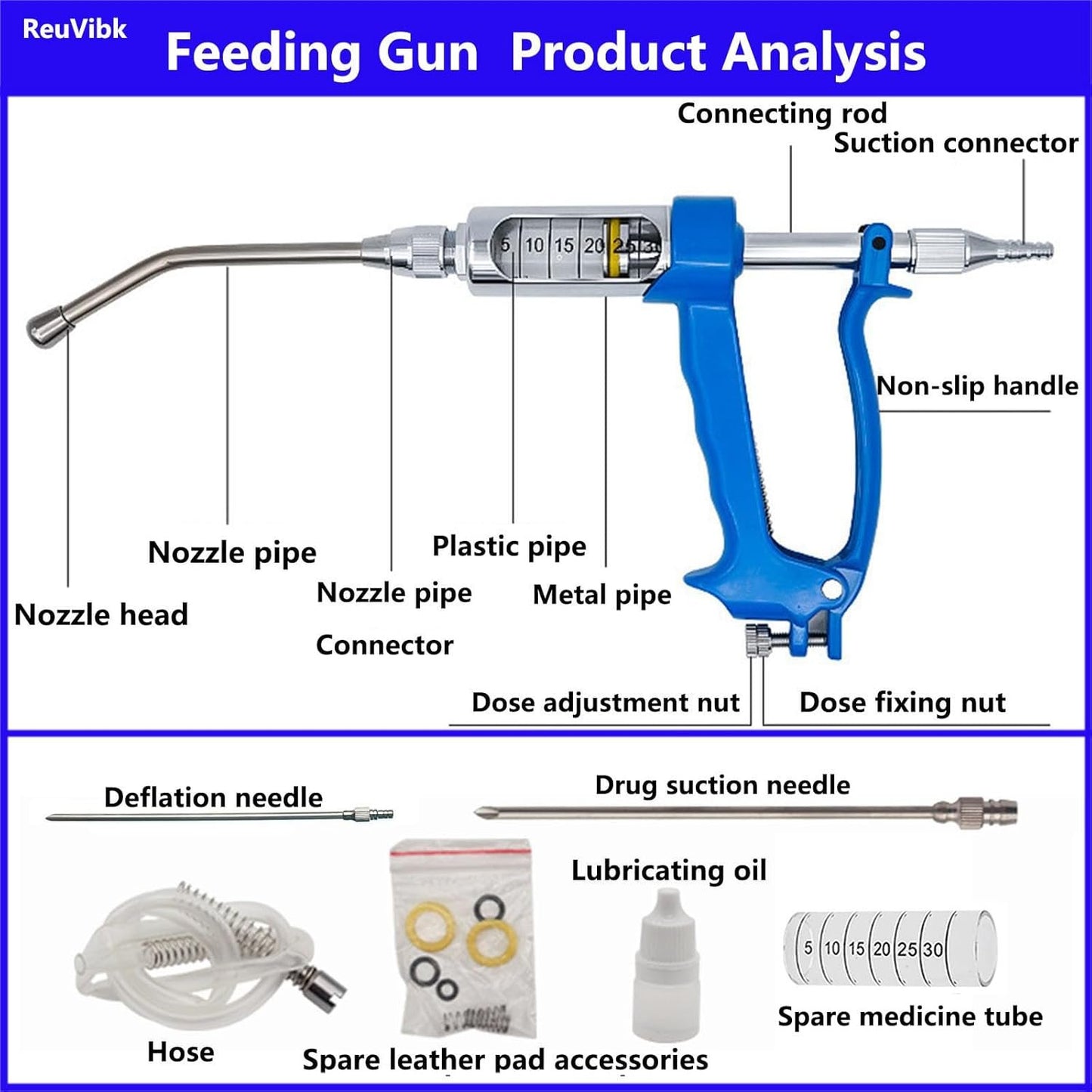 30ML Adjustable Veterinary Metal Feeding Gun, Continuous Drench Gun Continuous Dosing Device Veterinary Medicine Dispenser Husbandry Autonomous Feeding Tool, for Pig Cow, Sheep, Horse