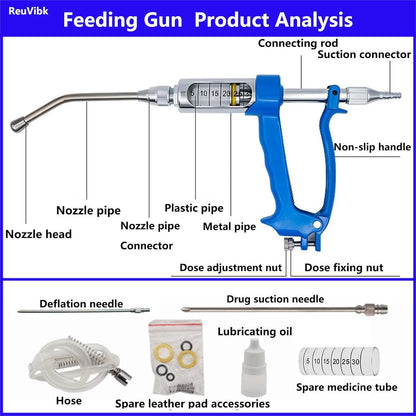 30ML Adjustable Veterinary Metal Feeding Gun, Continuous Drench Gun Continuous Dosing Device Veterinary Medicine Dispenser Husbandry Autonomous Feeding Tool, for Pig Cow, Sheep, Horse