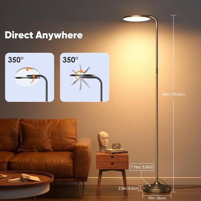 SIBRILLE 36W LED Floor Lamp, Super Bright Standing Lamp, Modern Stepless Dimmable Torchiere Tall Lamp with Remote Control, 350°Rotating Head Reading Floor Lamp for Living Room,Bedroom,Office