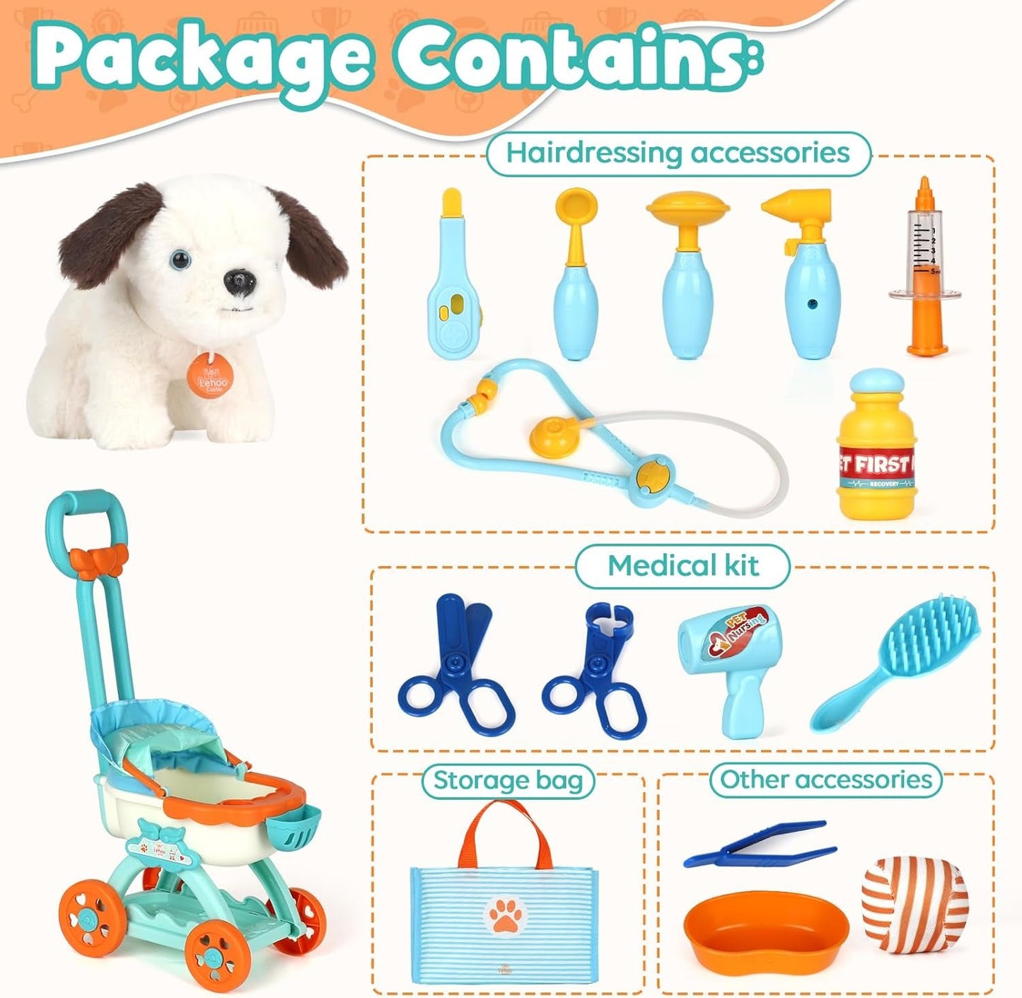 Lehoo Castle Veterinarian Set for Toddlers, Doctor Kit for Kids, Pet Care Play Set with Puppy Stroller, Dog Toys for Kids, Girls Toys for 3 4 5 6 Years Old, Stuffed Animals Gifts for Girls