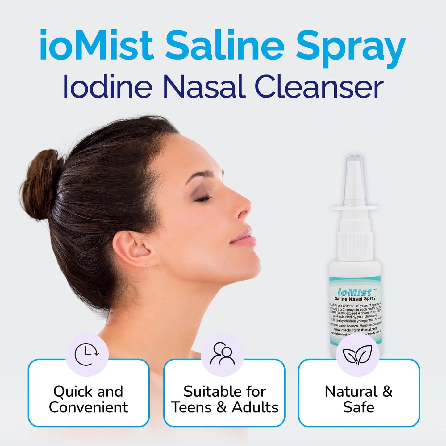 ioMist Saline Nasal Spray with Molecular Iodine Preservative; Cleaner & Nasal Flush System for Adults & Children 12+