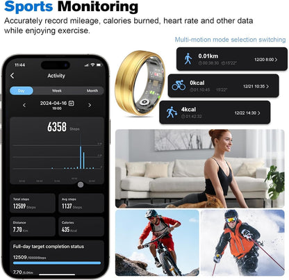 MagLoop Smart Ring Health Tracker for Men/Women,Fitness Ring Sleep Tracker,Fast Charging for Long-Lasting Use,for Pedometer Exercise,Monitor Sleep, Heart Rate, Stress,Waterproof (Gold, 8)