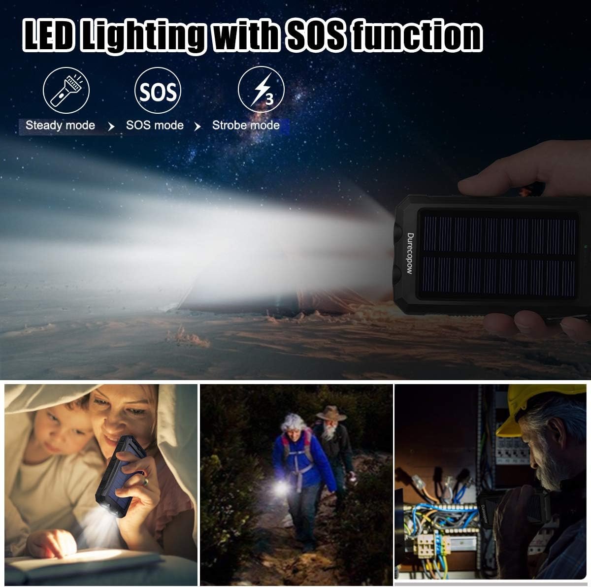 Solar Charger 20000mAh, Solar Power Bank Waterproof Portable Solar Phone Chargers Compatible with All Smartphone External Battery Pack with Dual 2 USB Port/LED Flashlights for Outdoor Camping(Blue)