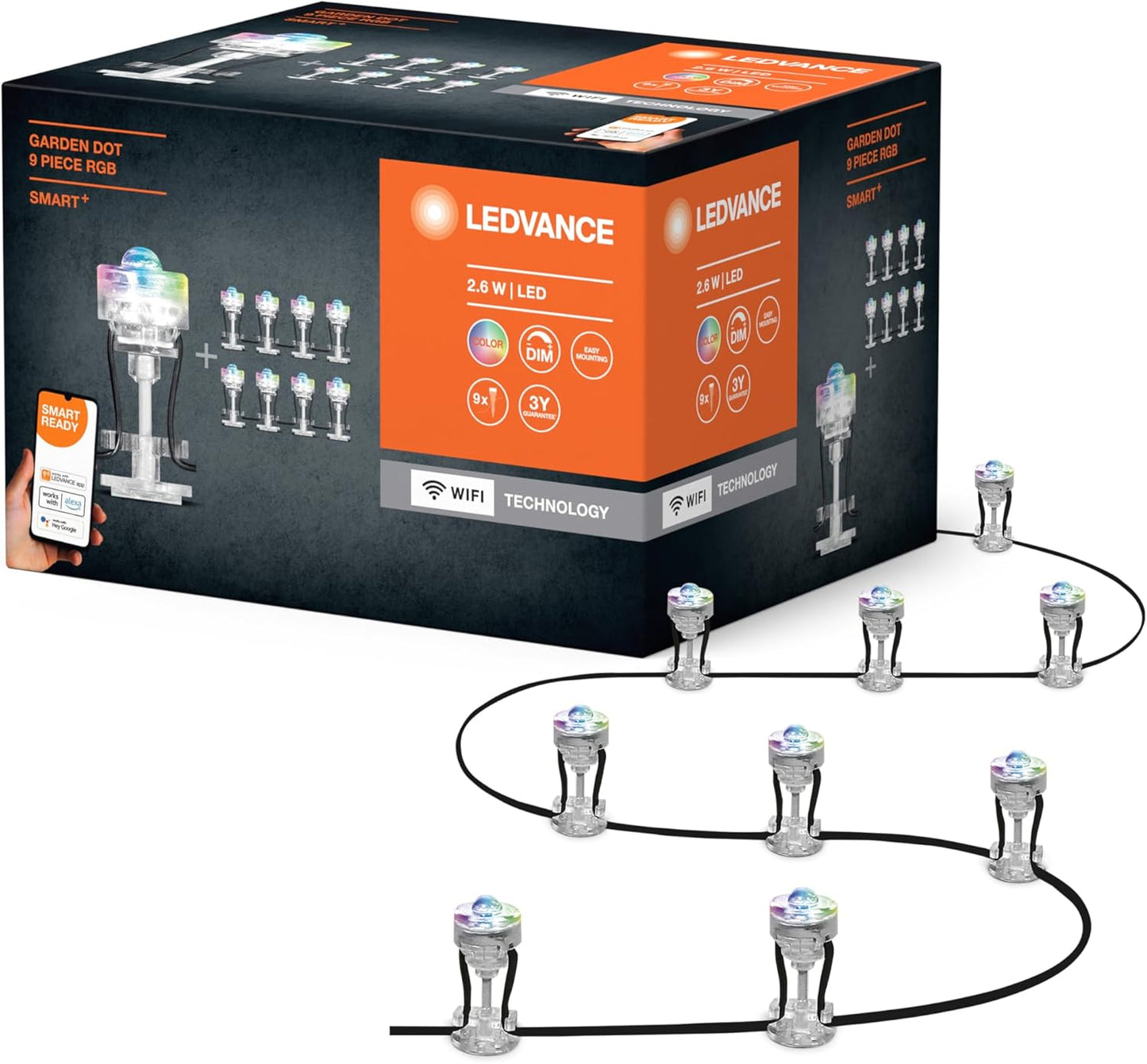 LEDVANCE Smart LED Garden Light with WiFi Technology, Basic Package with 9 LED Points for Outdoor, Changeable RGB Colors, Compatible with Google and Alexa, SMART+ WIFI GARDEN DOT 9P