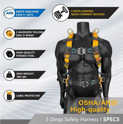 Fall Protection Full Body Safety Harness, 6” Thick Back Support Belt,5 Heavy Duty D-rings, Quick Release (OSHA/ANSI)