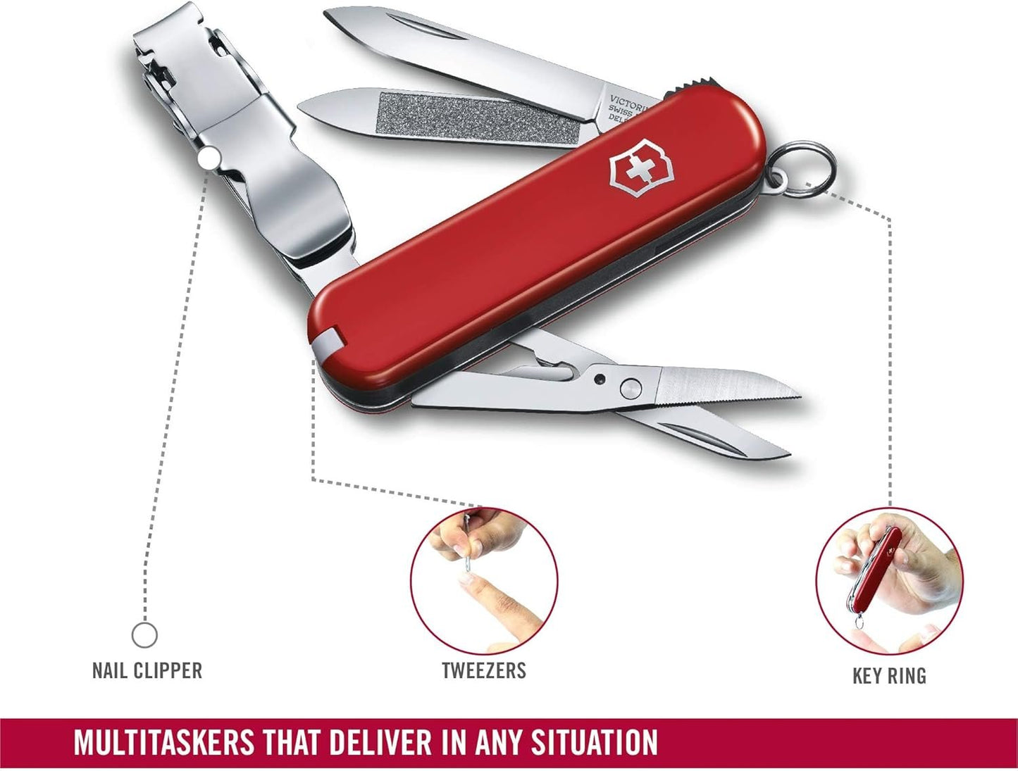 Victorinox Nail Clip 580, 8 Functions, Swiss Made Multi-Tool with Nail File, Nail Cleaner and Small Blade - Red