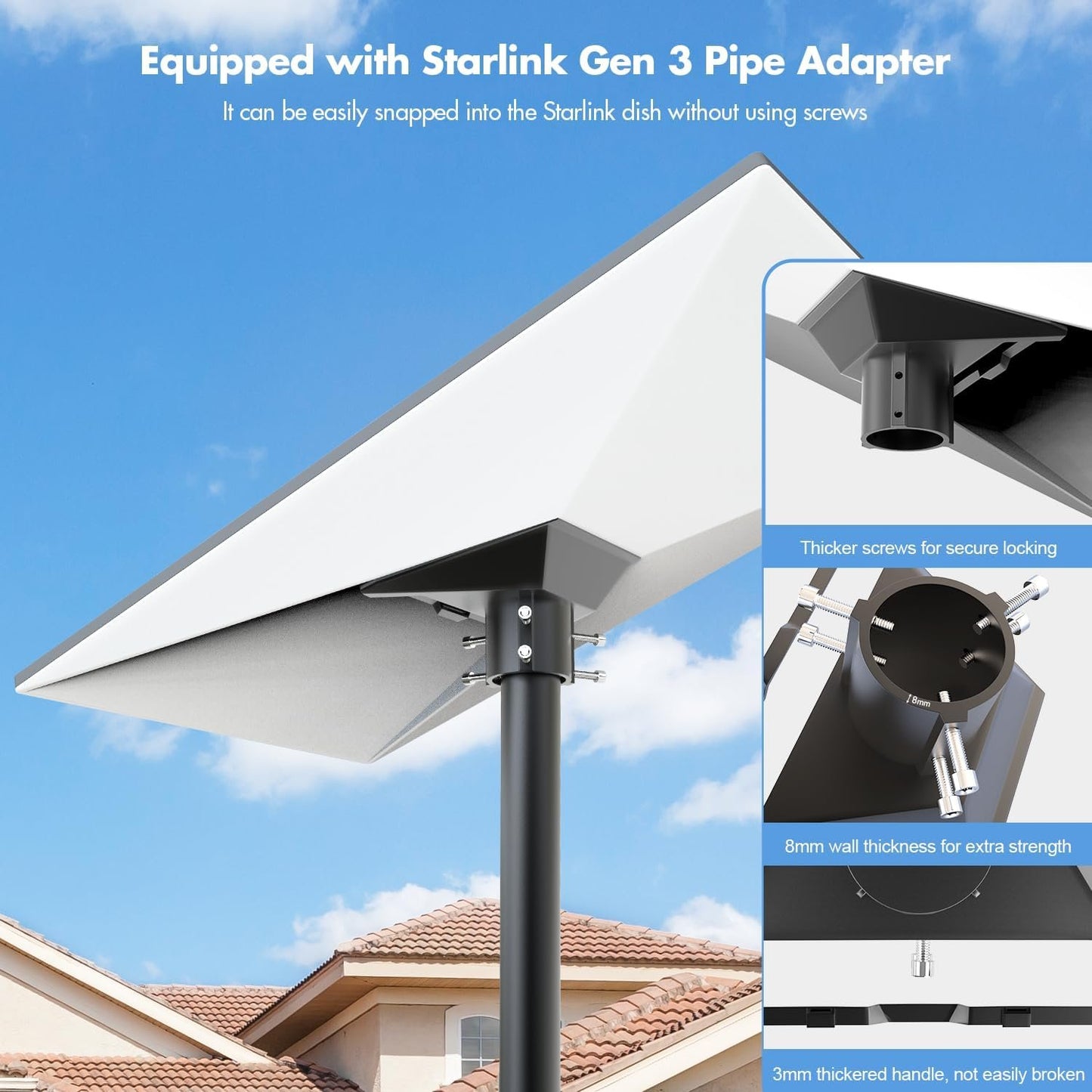 Starlink Roof Mount Gen 3, 180° Adjustable Starlink Pivot Mount, Heavy Duty Starlink Pole Mount with Starlink Gen 3 Pipe Adapter, Standard Starlink Mounting Kit Compatible with Gen 3 Standard Dish