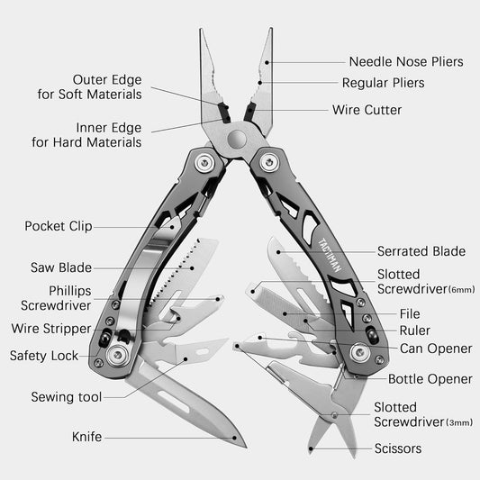 TACTIMAN 15-in-1 Multi Tool Pocket Knife, Tactical Multitool Knife Pliers, Camping Survival Gear with Knife Saw Scissors Serrated Blade Bottle Can Opener Screwdrivers Safety Lock, Unique Gifts for Men