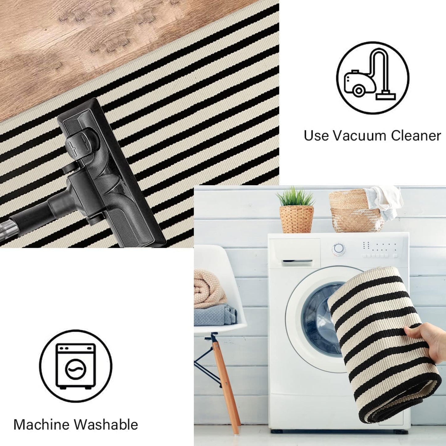 Jabykare Front Door Mat Outdoor Cotton Handwoven Farmhouse Layered Door Mat Washable Striped Porch Rug Carpet Mat for Entrance Kitchen Laundry Bedroom(Black and Beige, 90x150 cm)