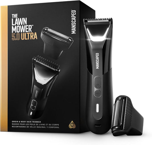 MANSCAPED® The Lawn Mower® 5.0 ULTRA Groin & Body Hair Trimmer – Dual-Head SkinSafe® Trimmer & Foil Blades, Waterproof Wet/Dry Groomer, USB-C Rechargeable with Travel Case, Men’s Ball Shaver, Black