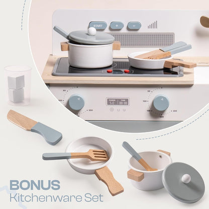 ROBOTIME Play Kitchen for Toddlers, Wooden Kids Play Kitchen Playset with Real Lights & Sounds/Ice Cube Dispenser, Pretend Play Montessori Toy Kitchen, Gift for Ages 3+ (Blue)