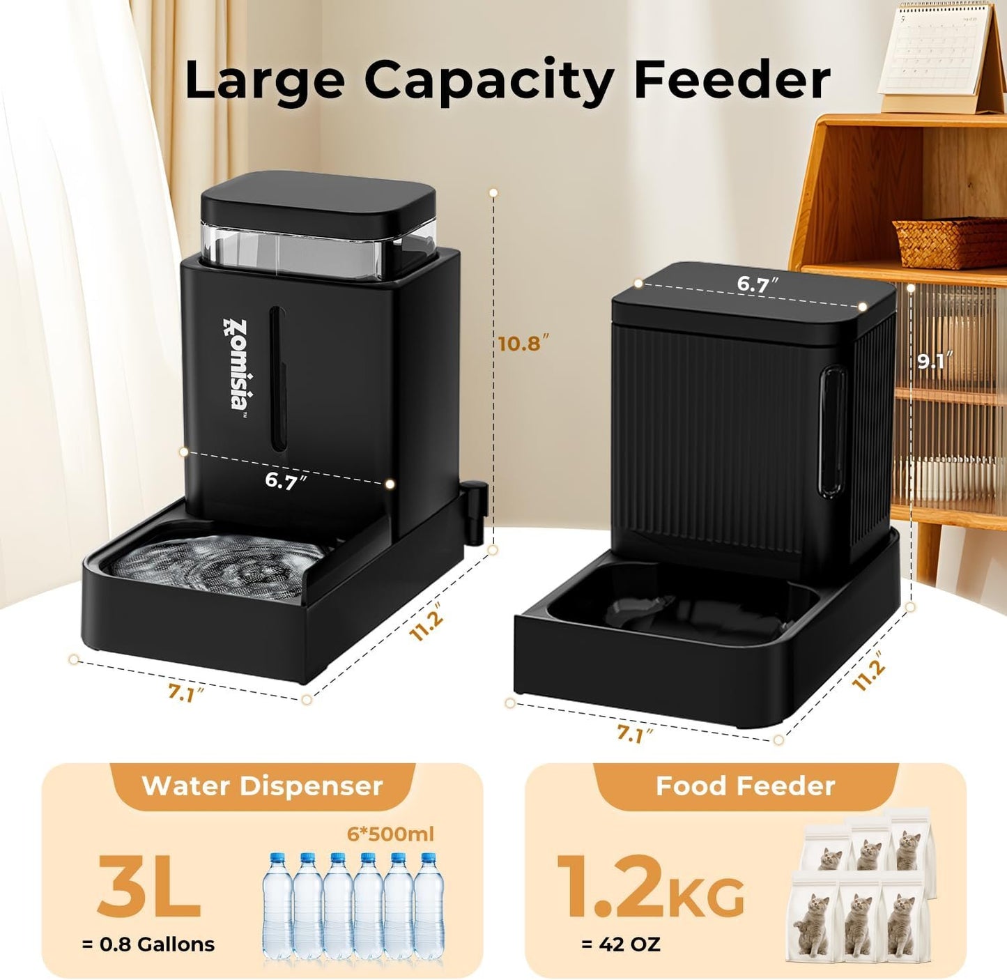 ZOMISIA Gravity Cat Feeder and Water Dispenser, 2 in 1 Automatic Cat Feeder with 180 Degree Rotatable, 2 Pack Large Capacity Self Feeding for Small Medium Dog Puppy Kitten, White, 0.8 Gallon x 2