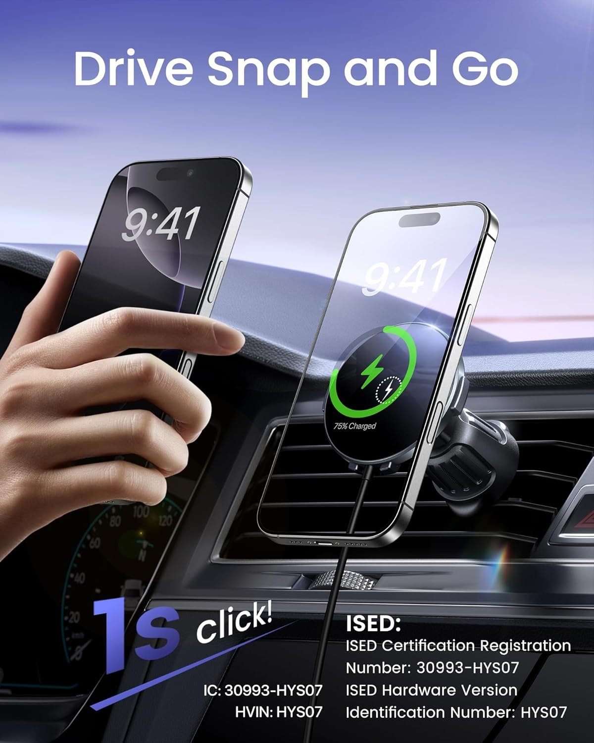 Hoonyer Magnetic Car Mount Charger,Car Phone Holder Mount, Air Vent/Dashboard,15W Fast Magnetic Car Charger for iPhone 16/15/14/13/12 Series, Fast Charging, Black