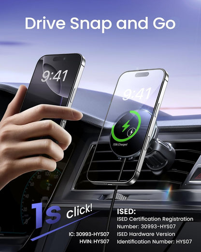 Hoonyer Magnetic Car Mount Charger,Car Phone Holder Mount, Air Vent/Dashboard,15W Fast Magnetic Car Charger for iPhone 16/15/14/13/12 Series, Fast Charging, Black