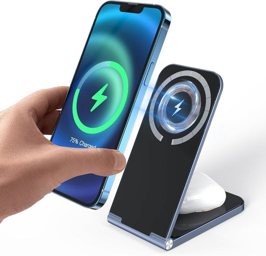 2 in 1 Foldable Wireless Charger for iPhone MagSafe, 15W Travel Wireless Magnetic Charging Station for iPhone 16 15 14 13 Series, 15W Qi Wireless Charger Stand for Airpods, Samsung S/Z Series