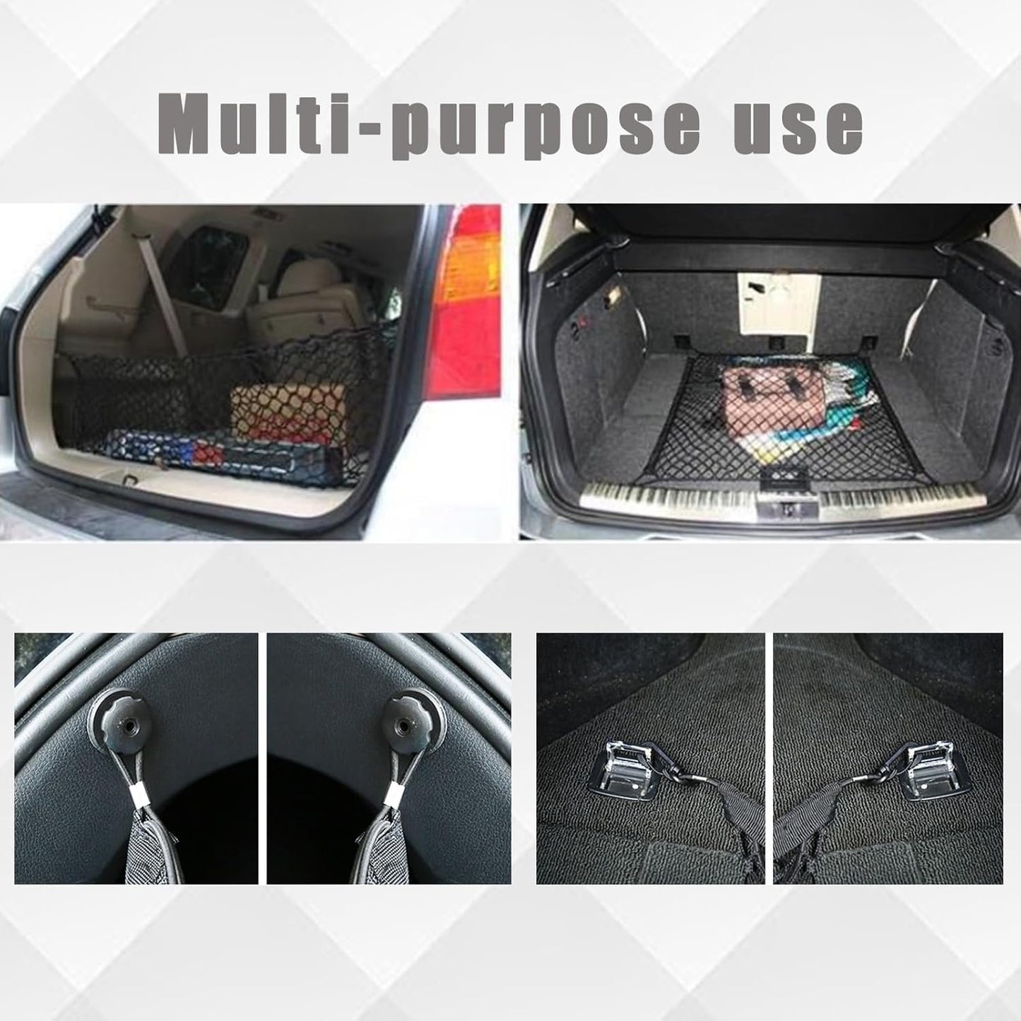 Ulifebetter Cargo Net Stretchable, 51*18In Trunk Storage Net Storage Organizer Net Elastic Mesh Net Bag Automotive Cargo Nets with 4 Buckles Screws Hooks Clips Trunk Storage Net for Pickup Truck Bed