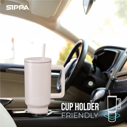 SIPPA Insulated Tumbler with Handle AKA Gobelet Isotherme, Double Wall Vacuum Tumbler with Straw and lid, Reusable Stainless Steel Water Bottle with Handle, Leak Proof Tumbler for Iced Coffee (Cream)