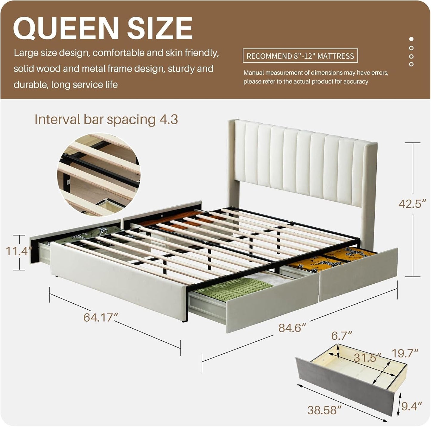 YUHUASHI Upholstered Queen-Size Platform Bed Frame with 4 Storage Drawers and Headboard, Velvet Upholstery with Wooden Slats Support, No Box Spring Required (Cream, Queen)